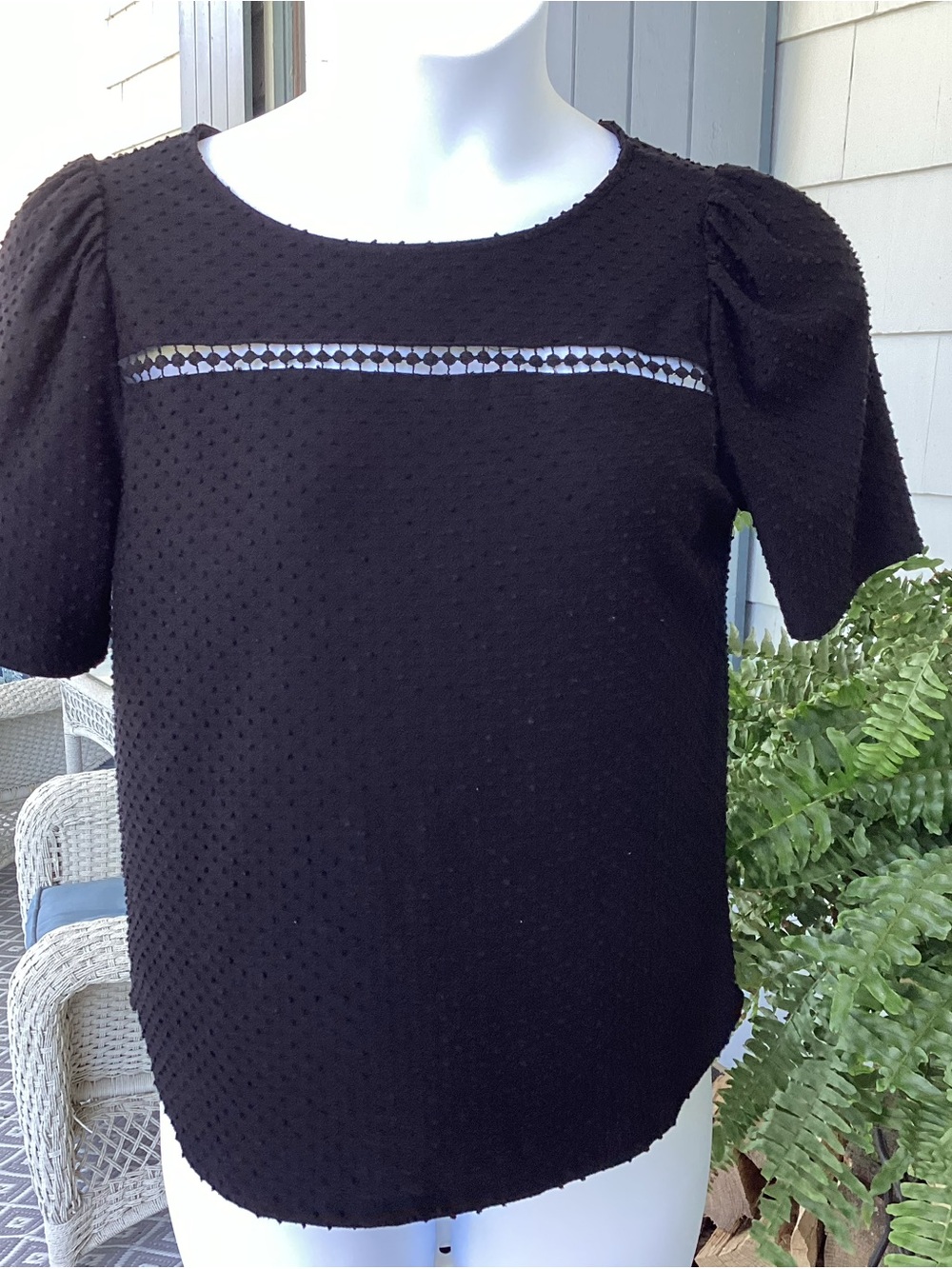 W5 Black Swiss Dot Short Sleeve Blouse with Lace Inset